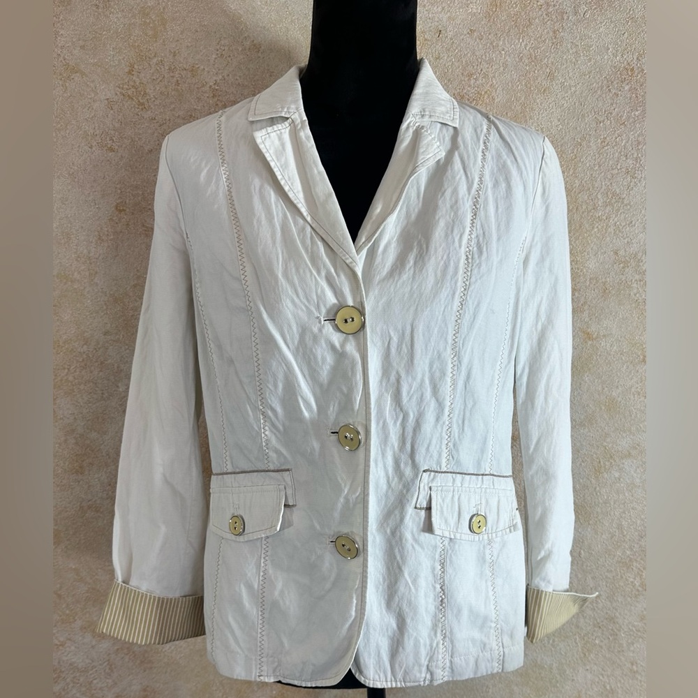 Chico’s white jacket with gold stitching